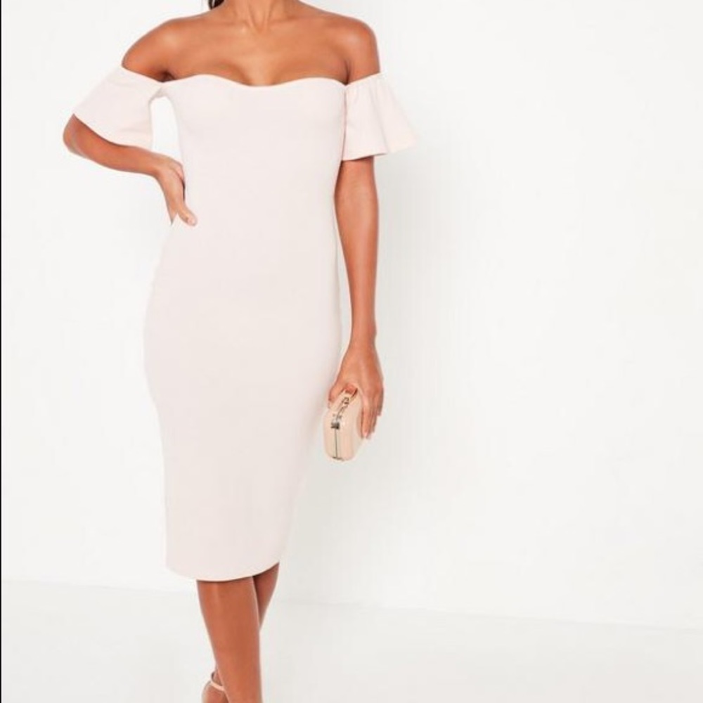 NUDE BARDOT BODYCON MIDI DRESS